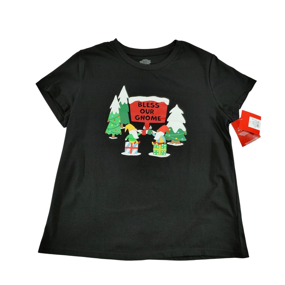 WonderShop Womens Black Short Sleeve Graphic T‎ Shirt Size L Bless Our Gnome